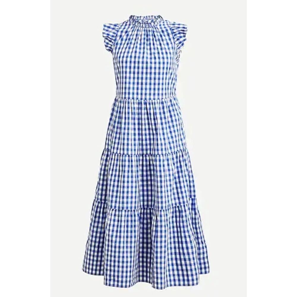 J CREW Blue & White Gingham Check Flutter Sleeve Tiered Midi Dress SZ. SP
